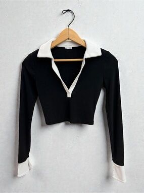 Garage Black Cropped Long-Sleeve Polo Top with White Collar